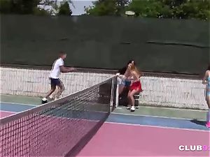 4 naughty teenagers blow and bang on tennis court